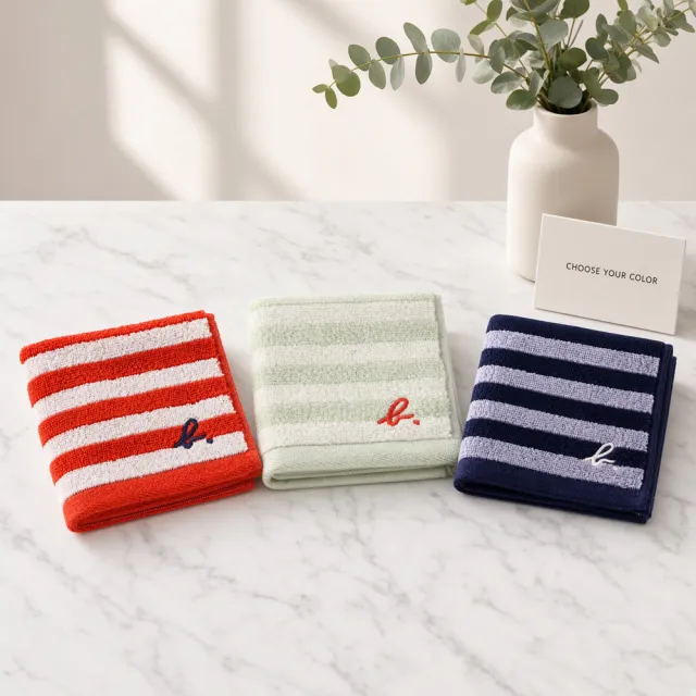 【agnes b.】經典條紋小b刺繡純棉毛巾手帕 23×23cm 越南製  (三色任選)
