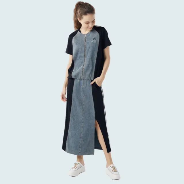 【Qiruo 奇若名品】牛仔雙布料車縫 短袖拉鍊式牛仔上衣6005A 