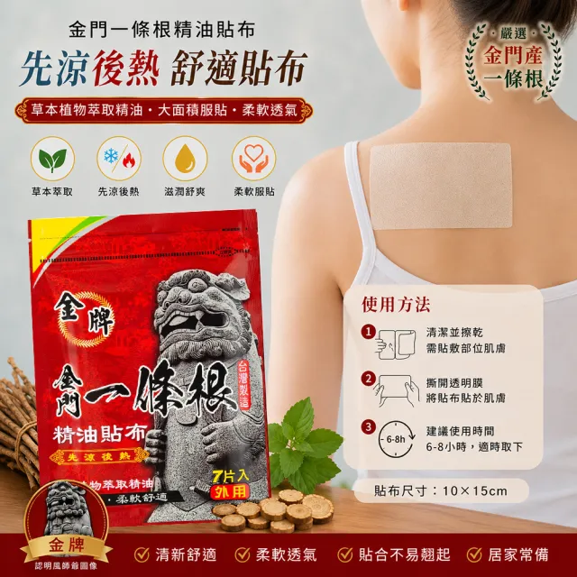 【金牌一條根】金牌金門一條根精油貼布3包共21片-先涼後熱(正宗金門一條根貼布 熱感舒緩 酸痛)