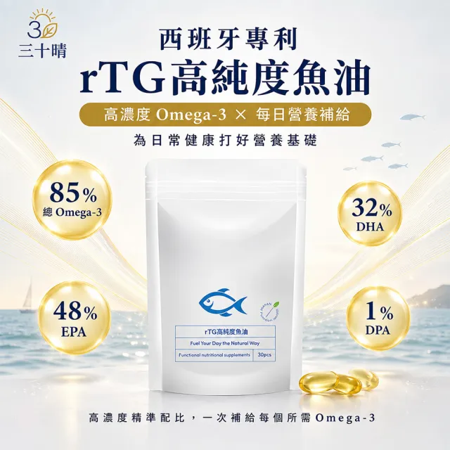 【三十晴】西班牙rTG高純度魚油膠囊x1袋｜85%Omega3 EPA× DHA