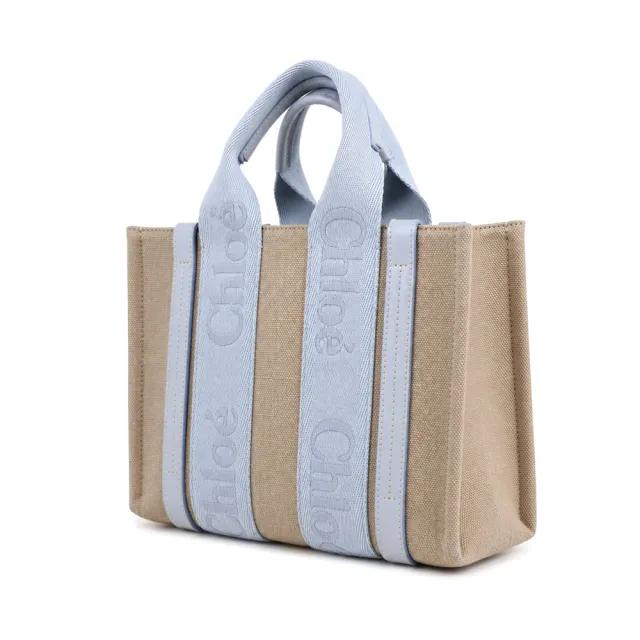 【Chloe’ 蔻依】Woody tote bag 新款帆布兩用托特包(小號/灰藍)