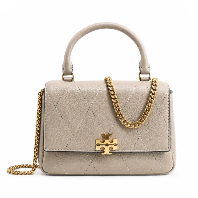 【TORY BURCH】CHARLIE 荔枝紋皮革菱格絎縫手提/斜背兩用包(迷你/柔霧米灰)