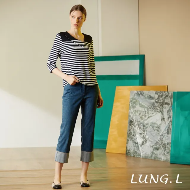 【LUNG.L 林佳樺】LU79E 藍色反摺造型修身八分彈性牛仔褲