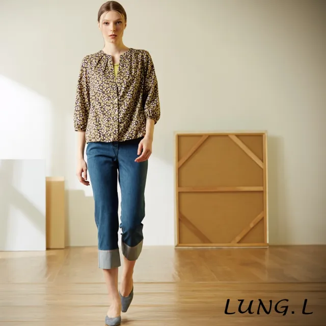 【LUNG.L 林佳樺】LU79E 藍色反摺造型修身八分彈性牛仔褲