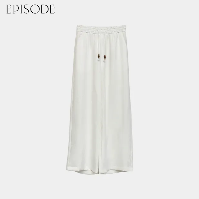 【EPISODE】百搭休閒素色串珠抽繩鬆緊亞麻寬褲（白）E63211