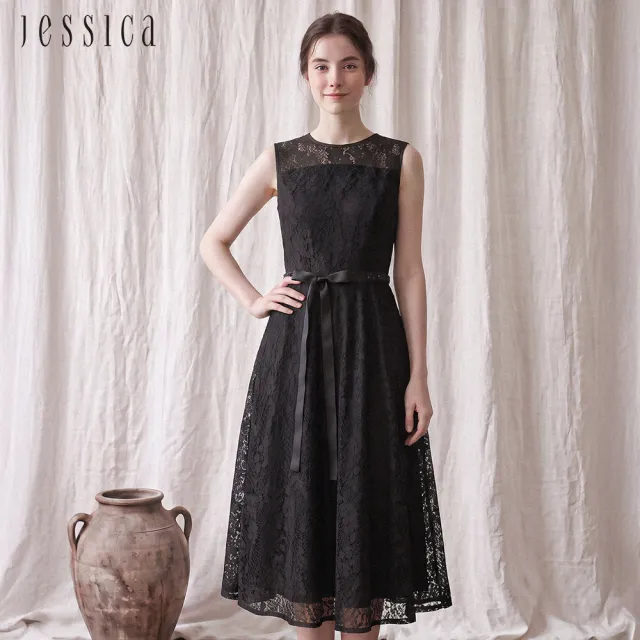 【JESSICA】氣質優雅圓領簍空精緻蕾絲花卉無袖洋裝(黑)263715