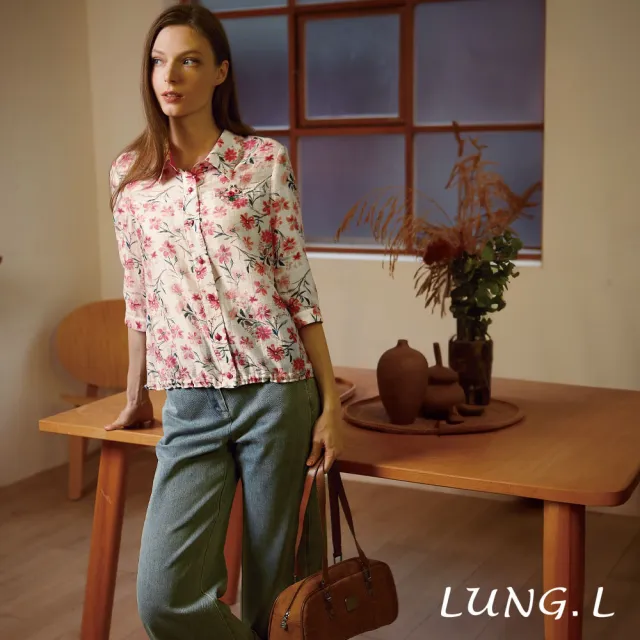 【LUNG.L 林佳樺】LW59C 粉色花卉印花天絲棉七分袖女裝襯衫(罩衫)