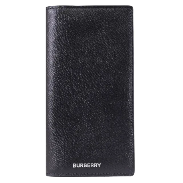 【BURBERRY 巴寶莉】經典燙銀LOGO荔枝牛皮多卡對折零錢長夾(黑)
