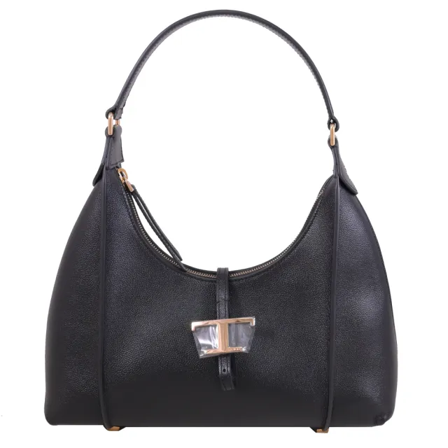 【TOD’S】TODS T Timeless Hobo 金屬T LOGO小牛皮手提包肩背包黑)