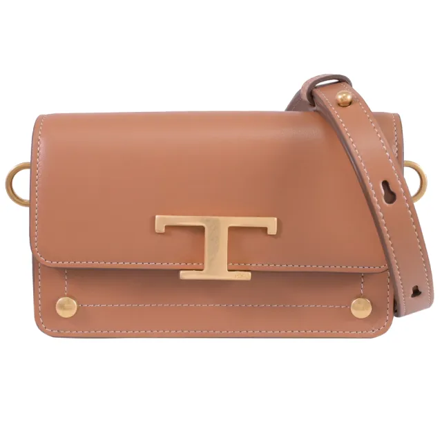 【TOD’S】TODS T Timeless 金屬T釦飾迷你翻蓋斜背包(棕色)
