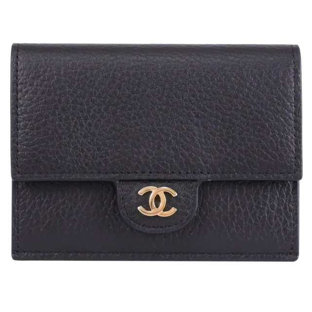 【CHANEL 香奈兒】經典雙C LOGO荔枝牛皮信用卡證件零錢包(黑/金)