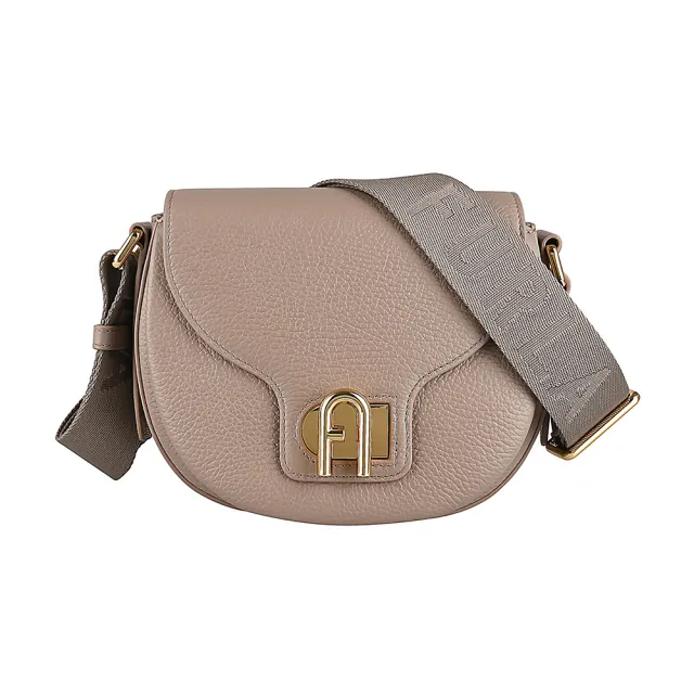 【FURLA 芙拉】FURLA 壓印LOGO LOTUS系列小牛皮拱門鎖扣迷你肩背/斜背包(迷你/卡其)