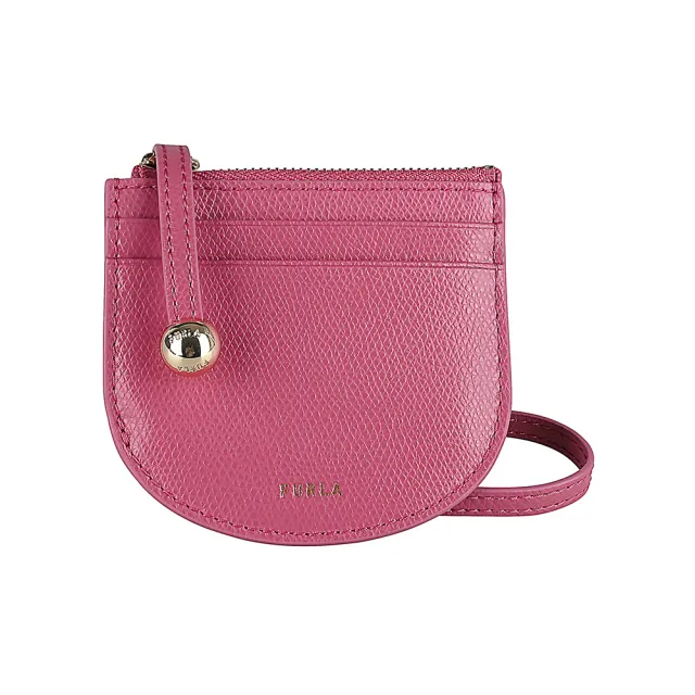 【FURLA 芙拉】FURLA 金字LOGO LAURA系列小牛皮吊帶卡夾零錢包(粉紅)