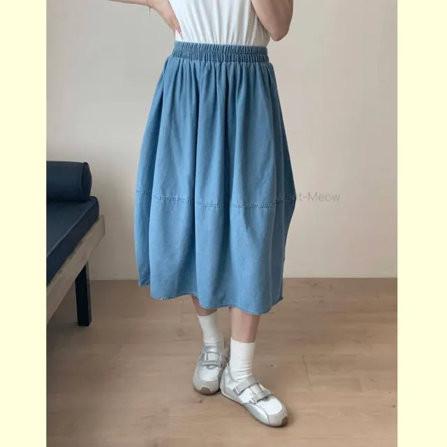 【Want-Meow】80公斤可穿/獨家款日系鬆緊腰牛仔氣球裙顯瘦A字牛仔中長裙牛仔裙(大碼/大尺碼/加大碼/牛仔裙)