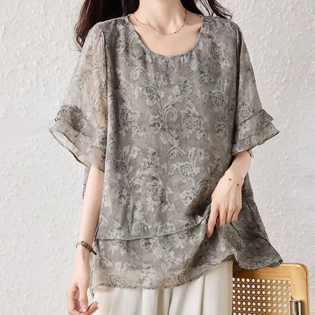 【麗質達人】5396灰色印花上衣-LY (L-5XL)