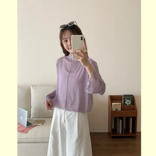 【Want-Meow】80公斤可穿/氣質微辣風爆棚撞色中線透膚長袖內搭上衣大學T(大碼上衣/大碼/大尺碼/長袖上衣)