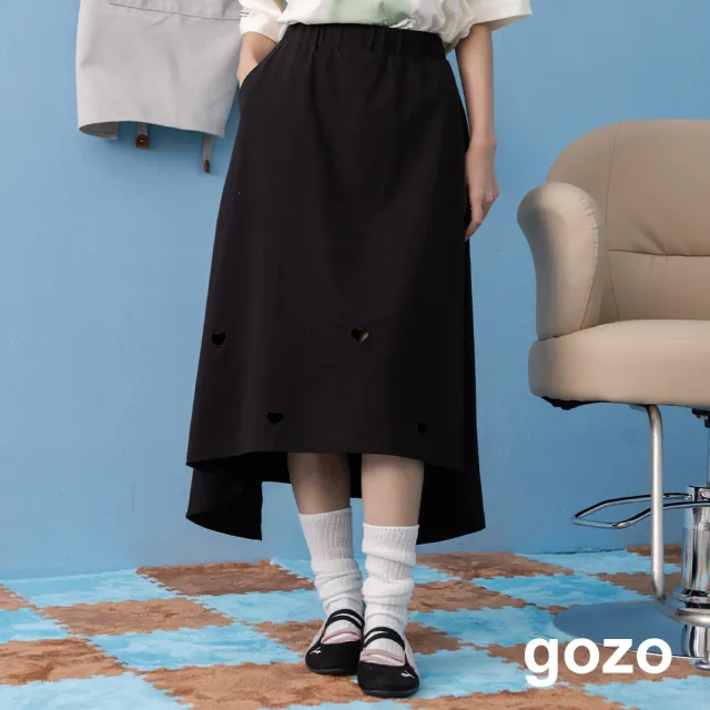 【gozo】心形鏤空繡花不規則中長裙(灰色/黑色)