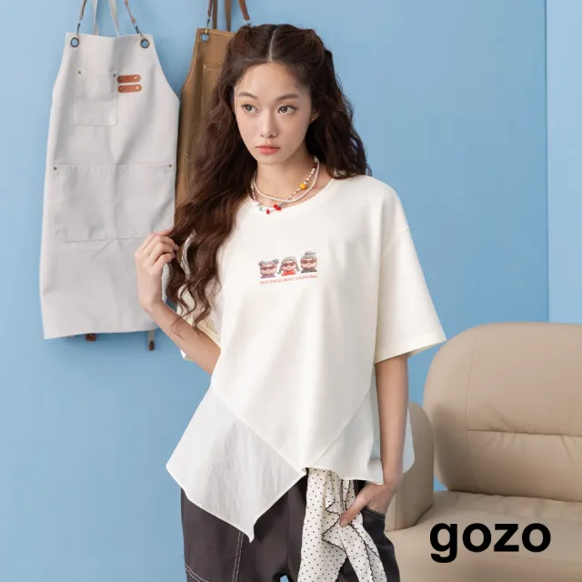 【gozo】叛逆奶奶印花不規則薄紗涼感T恤(米白/綠色)