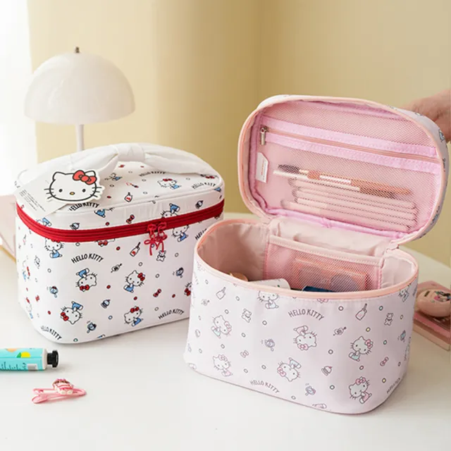 【SANRIO 三麗鷗】雙11 凱蒂貓蝴蝶結手提箱型化妝包 (Hello Kitty)