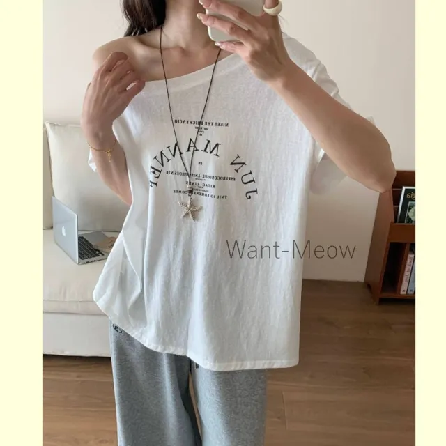 【Want-Meow】90公斤可穿/百搭送項鍊落肩斜肩單露肩顯瘦短袖上衣大學T(大碼上衣/大碼/大尺碼/短袖上衣)