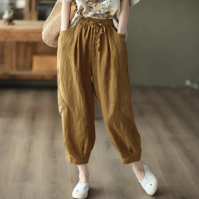 【Pure 衣櫃】文藝刺繡休閒顯瘦棉麻燈籠褲(百搭/五分袖/襯衫/KDPY-1319)