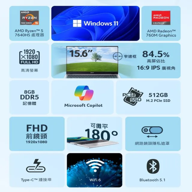 【Acer 宏碁】微軟M365組★15.6吋 R5輕薄效能筆電-冰川藍(Aspire Lite/AL15-49P-R3EA/R5-7430U/16G/512G)