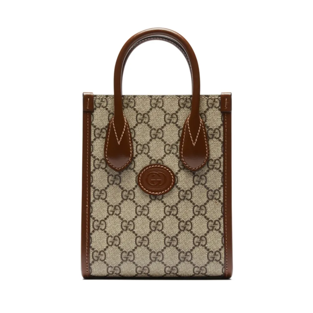 【GUCCI 古馳】INTERLOCKING GG 經典老花 迷你 米色/烏木色 SUPREME帆布 手提包 斜背包