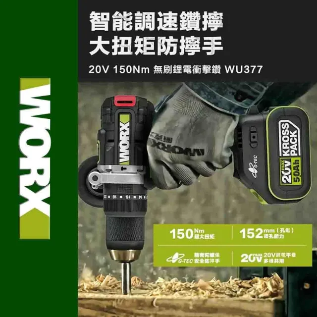【WORX 威克士】20V 13mm 150N.m 衝擊電鑽 WU377.2(大扭力 電鑽 無刷鋰電衝擊鑽 三用震動電鑽 防扭手設計)
