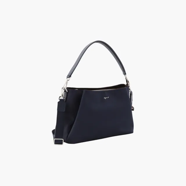 【agnes b.】Voyage 中小款 再生尼龍 皮革拉片肩背包 深藍色
