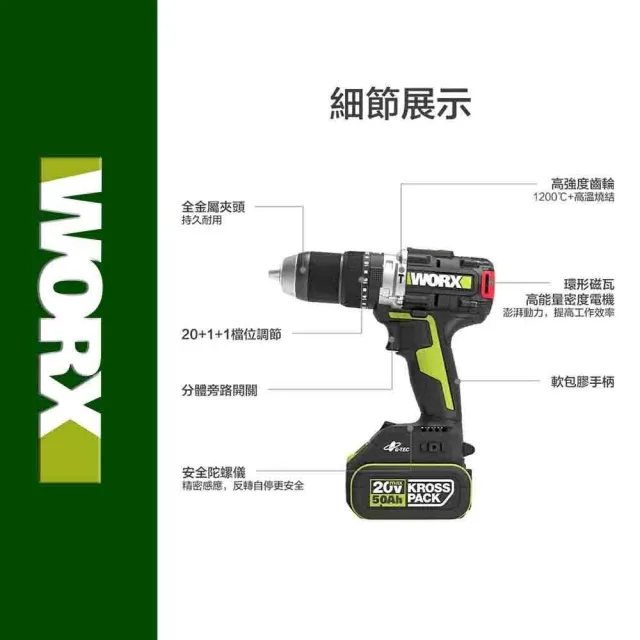 【WORX 威克士】20V 13mm 150N.m 衝擊電鑽 WU377.9(大扭力 電鑽 無刷鋰電衝擊鑽 三用震動電鑽 防扭手設計)