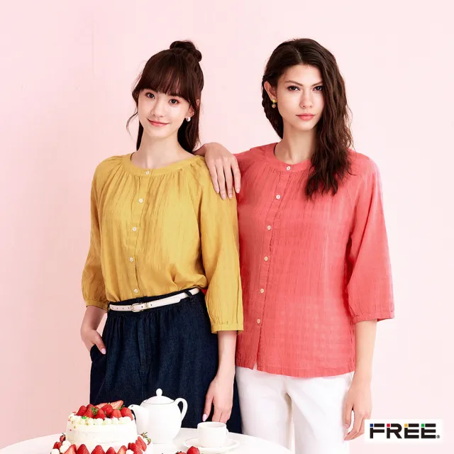 【FREE】棉麻全開襟格紋七分袖圓領上衣(深黃/橙紅)