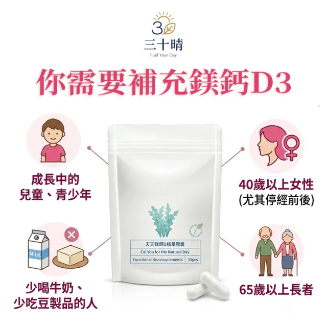 【三十晴】天天鎂鈣D植萃膠囊x5袋｜海藻鈣 × 海水鎂 × 維生素D3 × 維生素K2 × 酵母鋅(買3送2)
