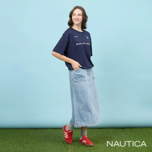 【NAUTICA】官方旗艦 女裝  品牌LOGO刺繡短袖T恤(深藍色)