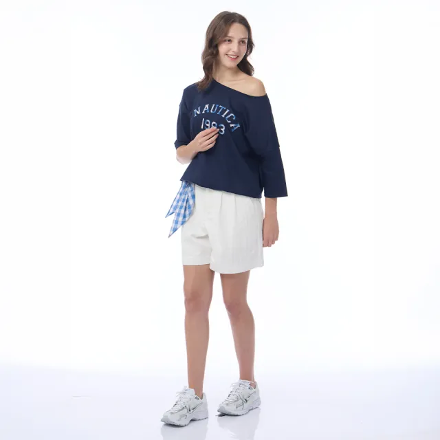 【NAUTICA】官方旗艦 女裝  格紋字母印花短袖T恤(深藍色)