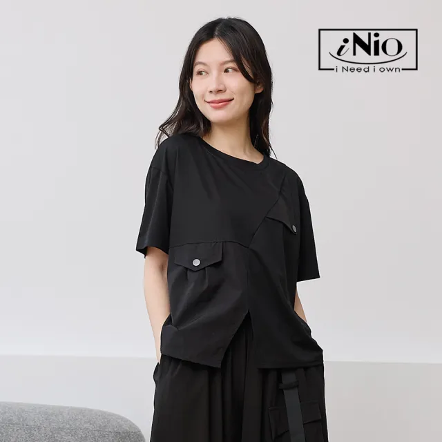 【iNio 衣著美學】不對稱色塊拼接短袖上衣 女落肩圓領棉T 下襬開衩拼接上衣 寬鬆休閒上衣  CHW1128