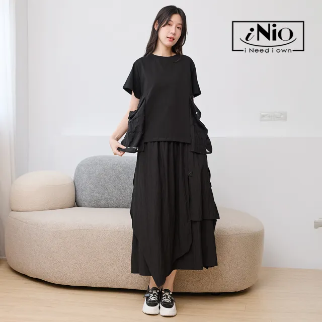 【iNio 衣著美學】立體拼接鬆緊腰造型長裙 女側邊立體線紋長裙 打褶A字裙 隱形口袋休閒長裙  CHW2098