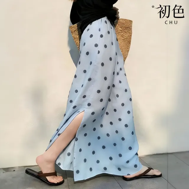 【初色】日系撞色波點印花鬆緊腰開叉中長裙半身裙-藍色-53425(M-2XL可選)