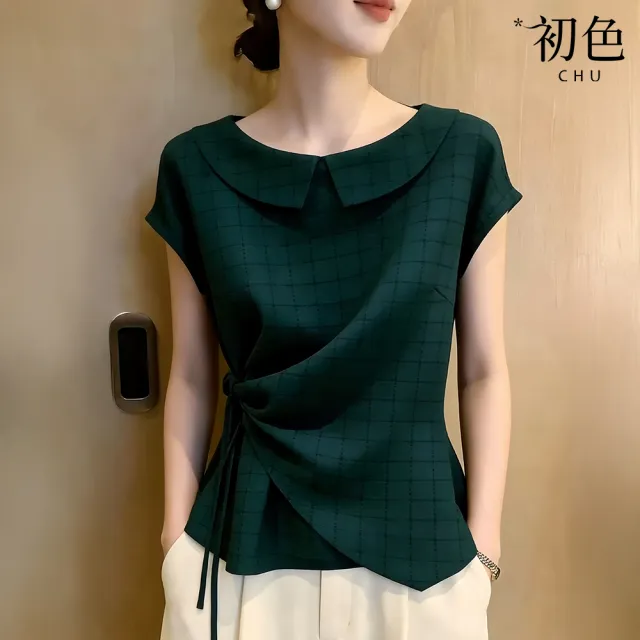 【初色】法式純色格紋綁帶收腰翻領短袖上衣女上衣-綠色-53310(M-2XL可選)
