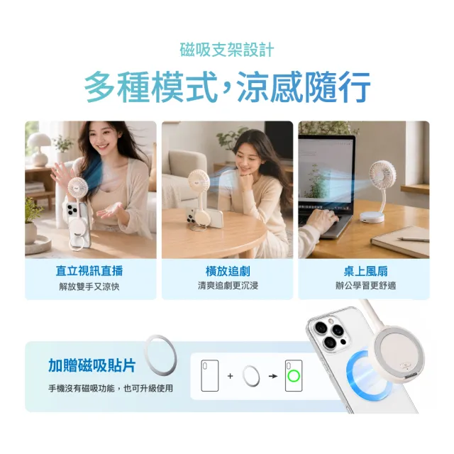 【eyo】大通 磁吸風扇 手持風扇 隨身風扇 磁吸手機 Type c充電 可上飛機 自由彎折 視訊 追劇(ECF-M100W)