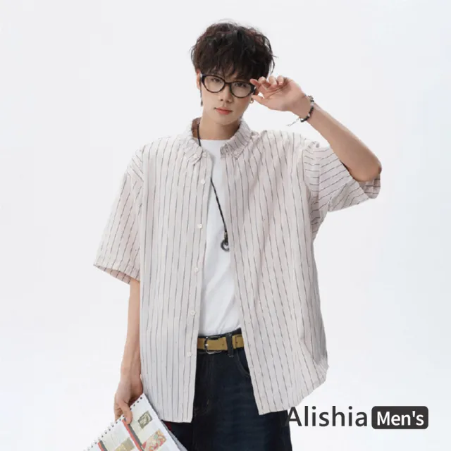 【Alishia】日系百搭條紋翻領開襟男款短袖襯衫 外搭 M-4XL(粉杏色 / 淺藍色)