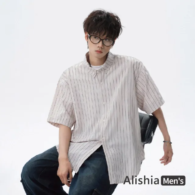 【Alishia】日系百搭條紋翻領開襟男款短袖襯衫 外搭 M-4XL(粉杏色 / 淺藍色)