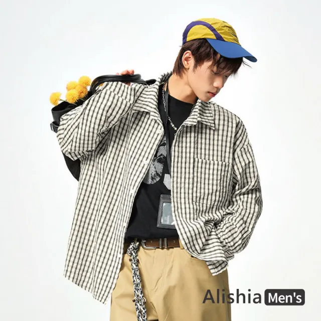 【Alishia】復古百搭經典格紋翻領開襟襯衫 外搭 長袖上衣 M-3XL(藍色 / 藏青色 / 黑色)