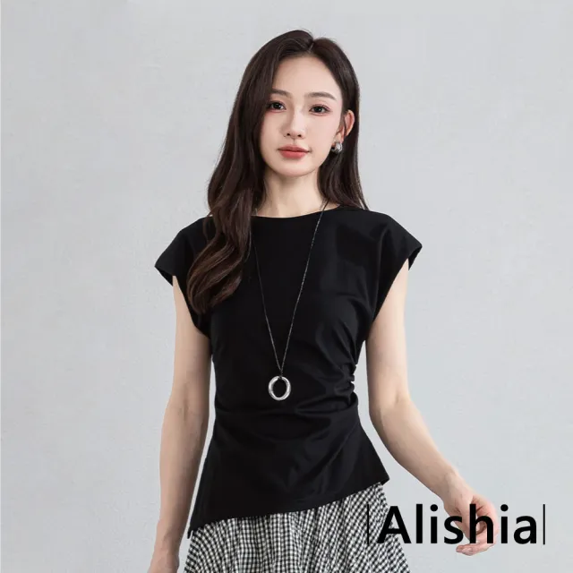 【Alishia】百搭休閒質感收腰圓領飛袖上衣 短袖上衣 T恤 S-XL(白色 / 黑色)