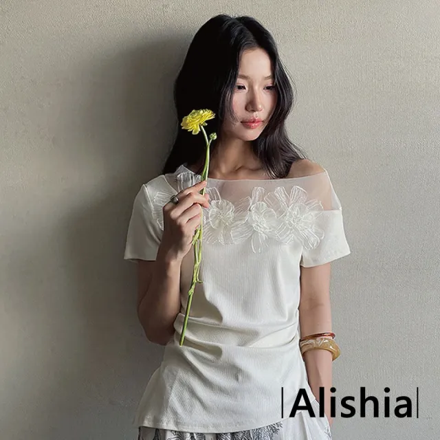 【Alishia】日系甜美蕾絲花邊拼接斜肩收腰短袖上衣 T恤 M-L(杏色 / 藍色)