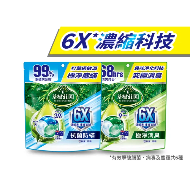 【茶樹莊園】6X濃縮科技洗衣球/洗衣膠囊 26顆/袋X6 共156顆(抗菌防蟎/極淨消臭-箱購)