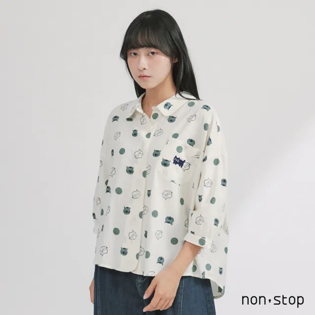 【non-stop】甜美貓咪寬版七分袖襯衫-2色