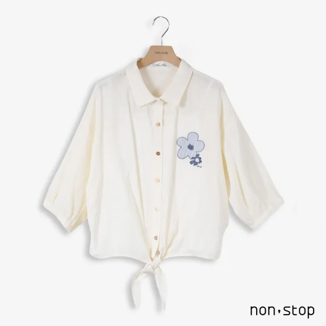 【non-stop】花朵刺繡綁帶七分袖襯衫-2色