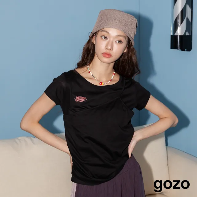 【gozo】假兩件輕薄抽皺收腰吊帶T恤(黑色/白色)