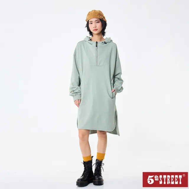 【5th STREET】女裝 長袖洋裝 連身裙 半開襟帽T 綠色(560985)