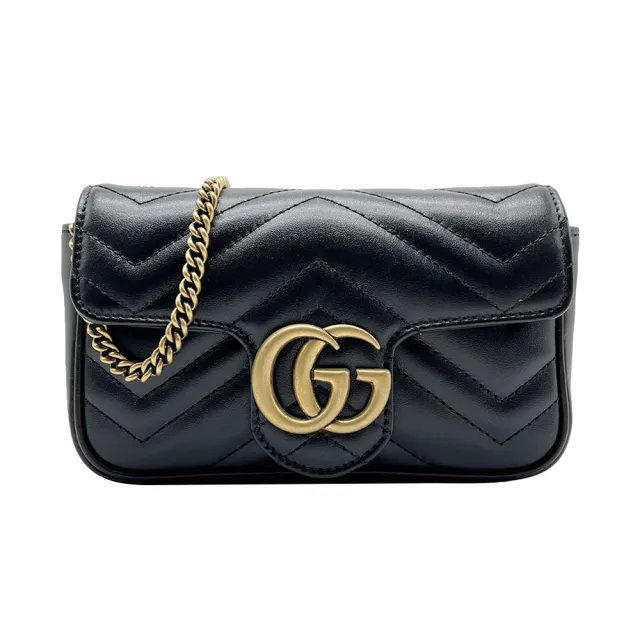【GUCCI 古馳】Super Mini Marmont 仿舊金雙G牛皮釦式斜背包(476433-黑)